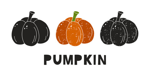 Fototapete - Pumpkin, silhouette icons set with lettering. Imitation of stamp, print with scuffs. Simple black shape and color vector illustration. Hand drawn isolated elements on white background