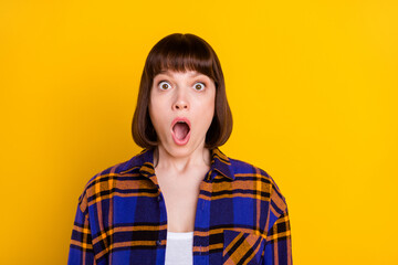 Sticker - Portrait of attractive amazed girl sudden news reaction no way isolated over bright yellow color background