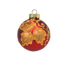 Christmas Tree Vintage Decoration. Red Glass Ball Toy With Gold Leaves. Close-up, Isolated On White Background.
