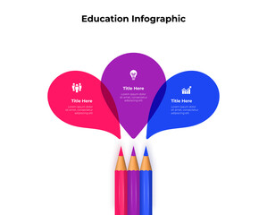 Education infographic with 3 pencils and multiply elements. Concept of three steps of study progress.