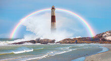 Amazing Wave On Red And White Lighthouse At Atlantic Ocean With Rainbow - Namibia, Africa