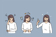 Healthcare and taking medicine concept. Young girl having headache standing then taking some pills with water and then feeling healthy and positive vector illustration 