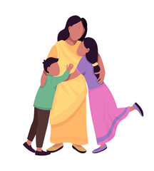 Wall Mural - Happy hugging family semi flat color vector characters. Interacting figures. Full people on white. Indian holiday together isolated modern cartoon style illustration for graphic design and animation