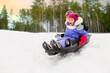 © Syda Productions - childhood, sledging and season concept - group of happy little kids sliding on sled down snow hill in winter over snowy forest or park background