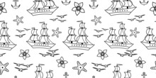 Seamless Pattern With Sailship, Anchor, And Flowers. Cute Marine Pattern For Fabric, Baby Clothes, Background, Textile, Wrapping Paper, And Other Decoration. Vector Illustration. Black And White.