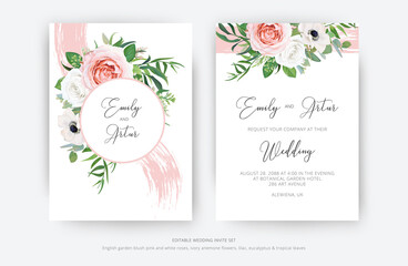 Sticker - Delicate vector art wedding invite and save the date card set with editable floral decoration. Watercolor blush pink rose flowers, ivory white anemone, lilac, eucalyptus and palm leaves wreath bouquet