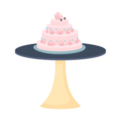 Poster - Wedding cake on stand semi flat color vector object. Realistic item on white. Layered dessert with cream on table isolated modern cartoon style illustration for graphic design and animation