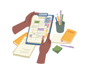 Aufkleber - Planner or organizer for workflow organization and management. Person with notebook, tasks and schedule with deadlines or notes. Student with personal diary or journals. Vector in flat style