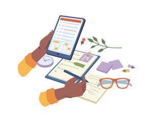 Poster - Hands writing dairy plan, personal diary journal or calendar, business time management. Vector pen and glasses, peppers and documents, clock. To do list, calendar with appointments, work schedule