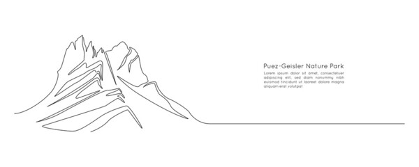 Poster - One continuous line drawing of mountain range landscape silhouette. Puez-Geisler Nature Park in simple linear style. Adventure winter sports concept isolated on white. Doodle Vector illustration