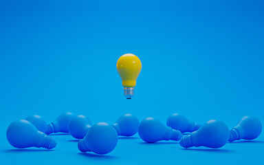 Fototapete - Yellow lightbulb floating from blue lightbulb on floor for creative thinking idea concept by 3d rendering.