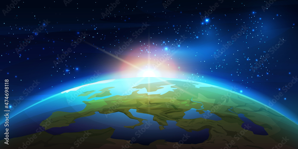 Planet Earth with sunrise in space. Vector illustration of sun rising ...