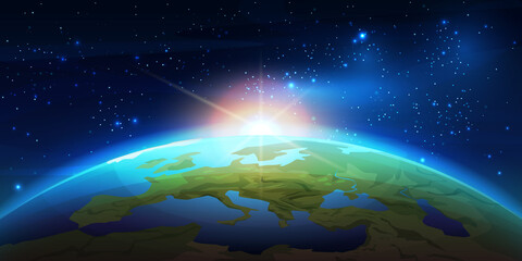 Aufkleber - Planet Earth with sunrise in space. Vector illustration of sun rising over globe landscape. Save world background, starry galaxy in stratosphere, sunlight and sunset panorama, outerspace travel