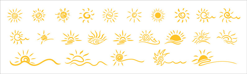 Wall Mural - Set of hand drawn sun icons. Vector hands drawn sun icons, doodle cartoon morning summer sketch suns isolated on white background.