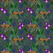Jungle, Animals Exotic Illustrations Of Tiger Leopard, Palm Leaves, Banana Leaves, Tropical Leaves, Orchid Purple Violet Color And Branch Foliage Drawings For Print, Fashion