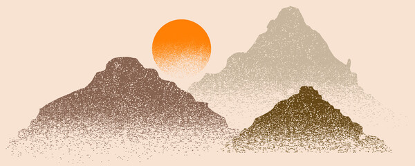 Mountain silhouettes with sun.  Peaks in sunset.  Brush strokes. Fog over mountain landscape . Summit and sunset logo .Vector