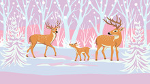 Christmas Card With Deer, Reindeer Family In Winter Forest, Flat Vector Illustration, Space For Text.