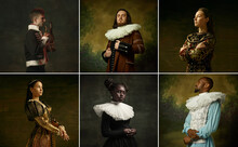 Medieval People As A Royalty Persons In Vintage Clothing On Dark Background. Concept Of Comparison Of Eras, Modernity And Renaissance, Baroque Style.