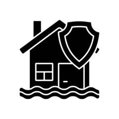 Poster - Flood insurance black glyph icon. Protecting house and property from disaster. Insurance support at accident caused of weather. Silhouette symbol on white space. Vector isolated illustration