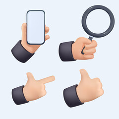 Poster - hands set of realistic 3d design in cartoon style. hand shows different gestures signs. collection i