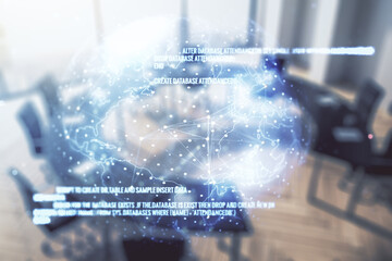 Poster - Multi exposure of abstract programming language hologram and world map on a modern furnished office interior background, artificial intelligence and neural networks concept