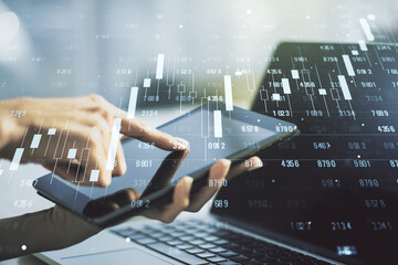 Poster - Multi exposure of stats data illustration with finger presses on a digital tablet on background, computing and analytics concept