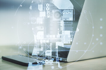 Poster - Double exposure of creative artificial Intelligence symbol with modern laptop on background. Neural networks and machine learning concept