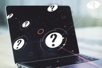 Aufkleber - Creative concept of question mark illustration on modern laptop background. FAQ and search concept. Multiexposure