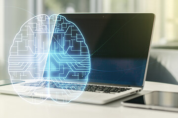 Poster - Creative artificial Intelligence concept with human brain hologram on modern laptop background. Multiexposure