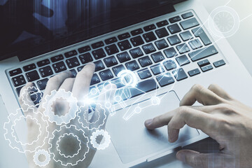 Aufkleber - Creative concept of robotics technology and hands typing on laptop on background. Robot development and automation concept. Multiexposure