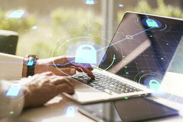 Aufkleber - Creative lock sketch with chip hologram and hands typing on computer keyboard on background, protection of personal data concept. Multiexposure