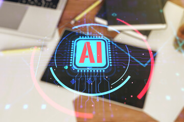 Poster - Double exposure of creative artificial Intelligence abbreviation and modern digital tablet on background. Future technology and AI concept