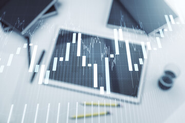 Aufkleber - Abstract creative financial graph and modern digital tablet on desktop on background, top view, financial and trading concept. Multiexposure