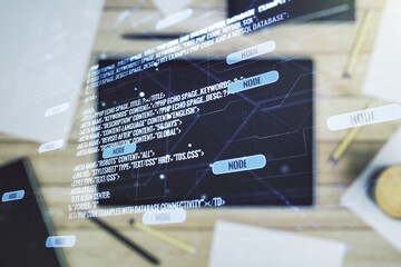 Aufkleber - Multi exposure of abstract graphic coding sketch and modern digital tablet on desktop on background, top view, big data and networking concept