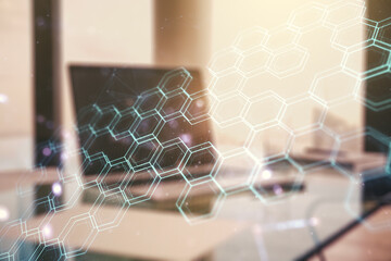 Aufkleber - Creative abstract wireless technology hologram with hexagon on modern computer background, artificial intelligence and machine learning concept. Multi exposure