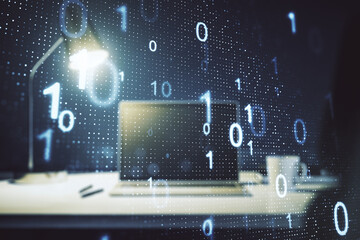 Aufkleber - Creative abstract binary code sketch on modern laptop background, hacking and matrix concept. Multiexposure