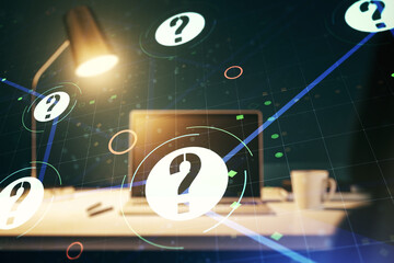 Aufkleber - Creative abstract question mark sketch on modern laptop background, FAQ and research concept. Double exposure
