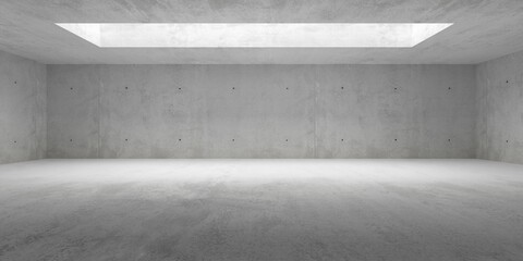 empty modern abstract concrete room with light thru rectangular ceiling opening and rough floor - in