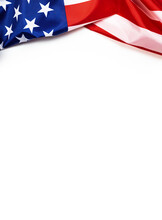 USA Flag On White Background. Top View, Copy Space. American Flag For Memorial Day, 4th Of July, Labour Day
