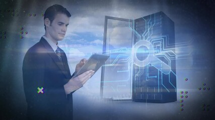 Poster - Animation of caucasian man using tablet, data processing and server over clouds