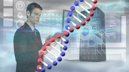 Poster - Animation of dna chain, caucasian man using tablet and server over clouds