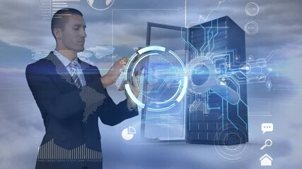 Poster - Animation of caucasian businessman using tablet, data processing and server over clouds