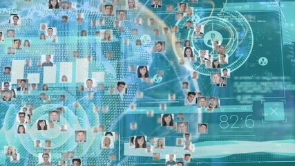 Poster - Animation of data processing and people icons with globe on blue background