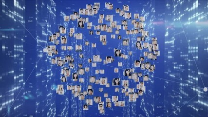 Poster - Animation of light spots and people icons with globe on blue background