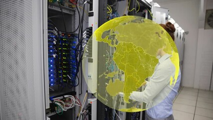 Poster - Animation of globe over caucasian female worker inspecting server room