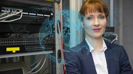 Poster - Animation of globe over caucasian female worker inspecting server room