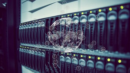 Poster - Animation of globe with icons over server room
