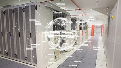 Poster - Animation of business texts and globe over server room