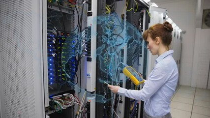 Poster - Animation of globe over caucasian female worker inspecting server room
