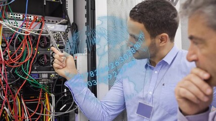 Poster - Animation of globe over caucasian male workers inspecting server room